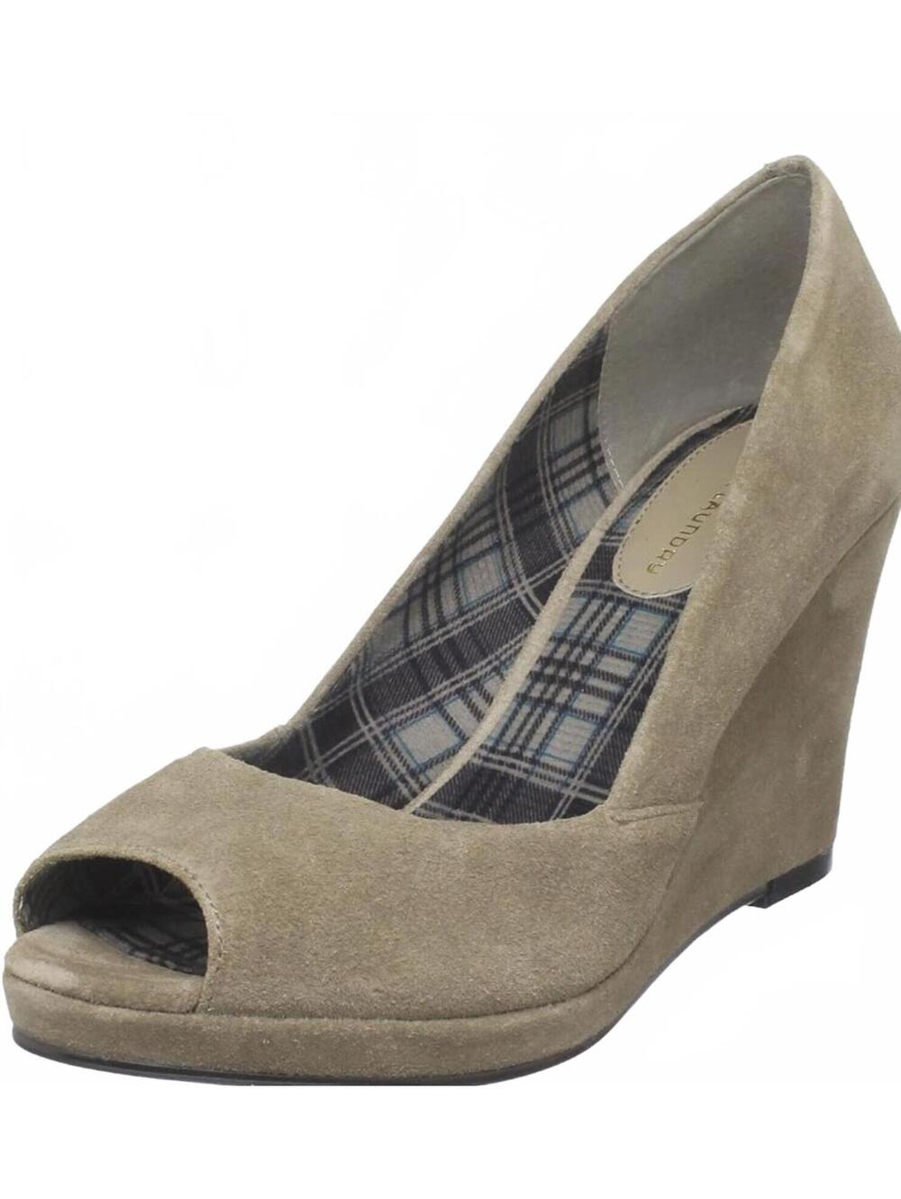 Chinese Laundry Taupe Suede Peep Toe Wedge Pumps